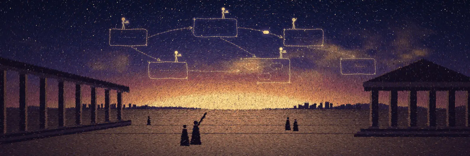 Ink-wash night scene: an architecture diagram drawn in the stars above a public square, little figures standing on its nodes